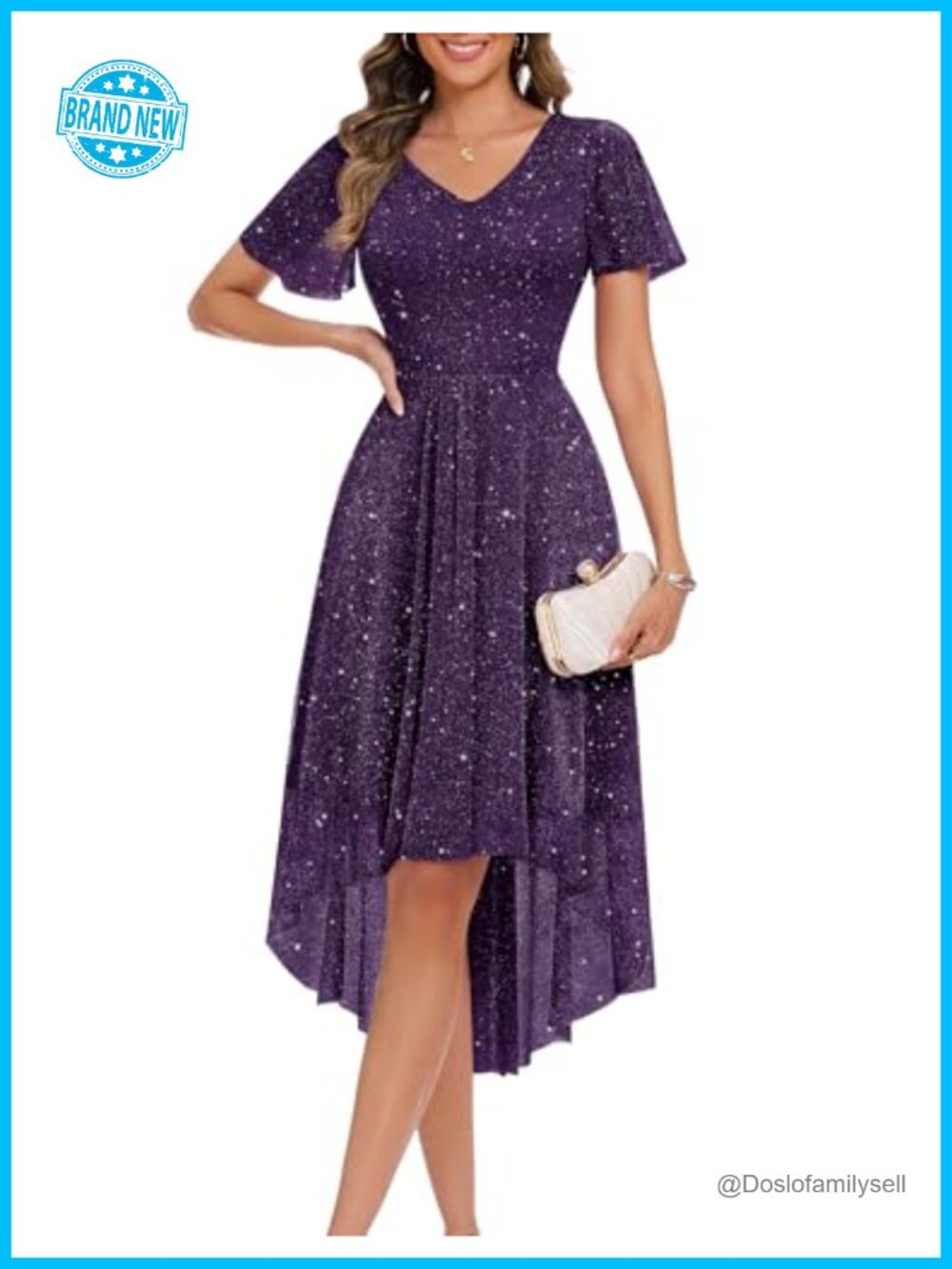 Sequin V-Neck High Low Formal Dress Short Sleeve A-Line Tea Length